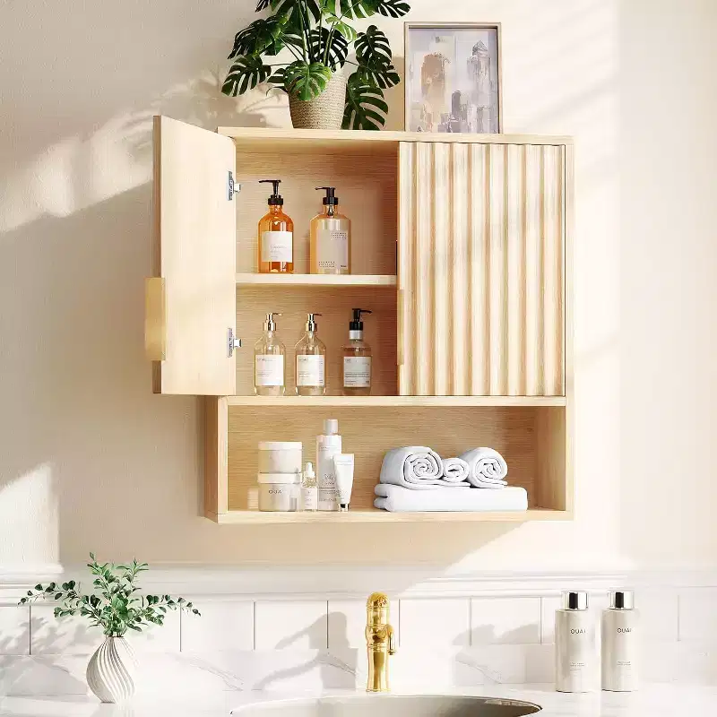 VINGLI Medicine Cabinet with 2 Fluted Doors,Bathroom Wall Cabinet (Natural Oak Color)