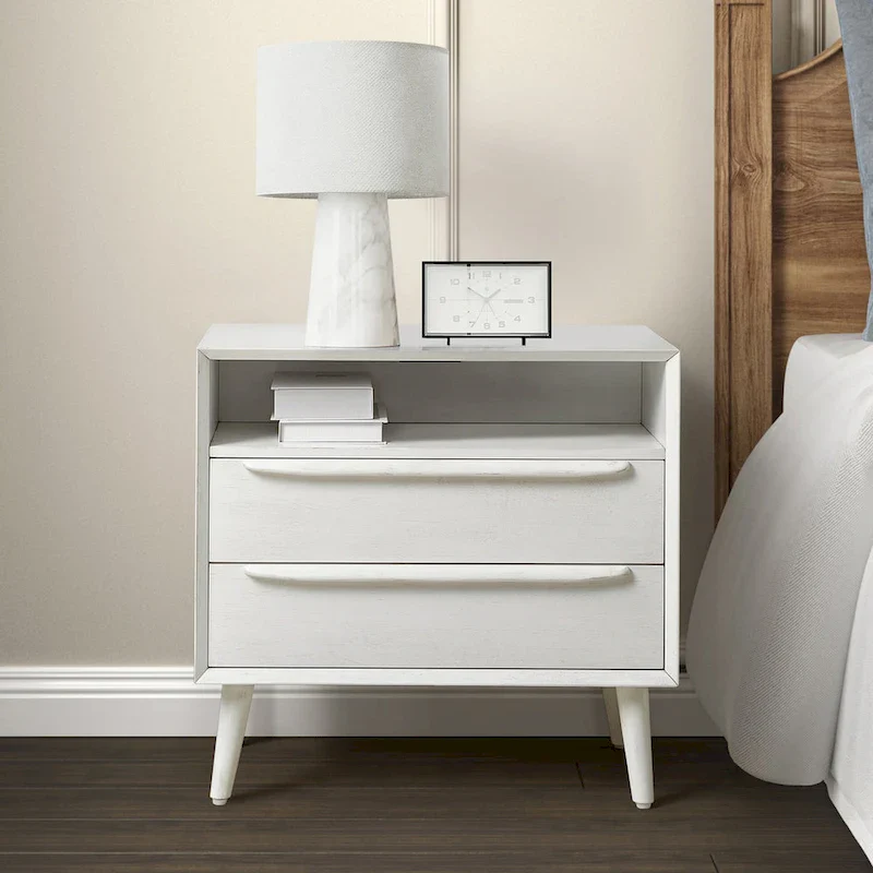 Mid-century Modern 2-Drawer Nightstand with Built-In Outlets and USB