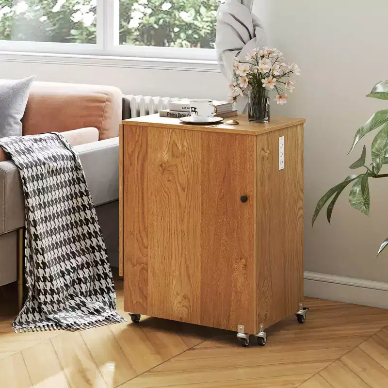 Folding Sewing Table Rolling Craft Station with 3 Storage Bins & Charging Station White/Natural/Brown