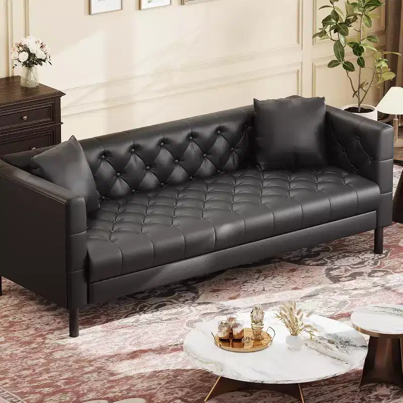 Mid-Century Modern Leather Sofa for Living Room, Deep Seat 3-Seater with Button-Tufted Design and 2 Pillows