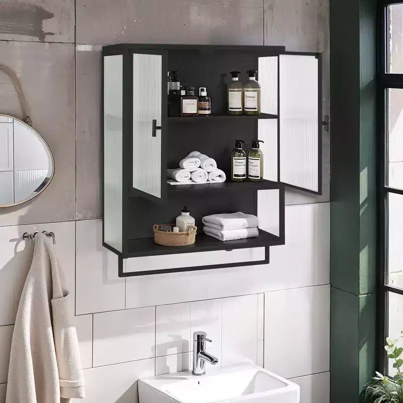 Modern Black Wall Cabinet with Glass Doors, Open Shelf, Towel Rack & 2-Tier Storage for Living Room, Dining Room, or Bathroom