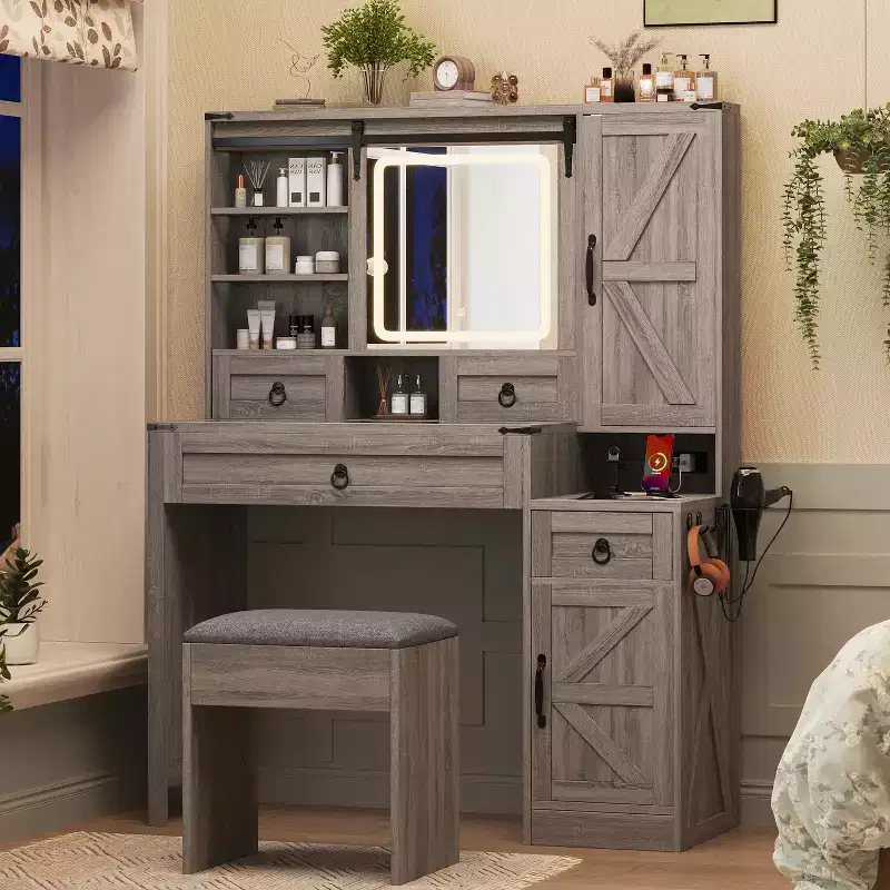 Vanity Desk with Sliding Mirror Glass Top Charging Station 4 Drawers 2 Cabinets Stool for Bedroom Gray