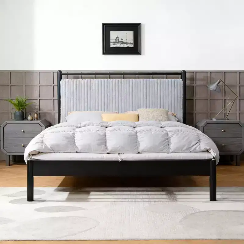 Christopher Knight Home Mircea Modern Rubberwood Platform Bed Frame with Light Grey Fluffy Headboard