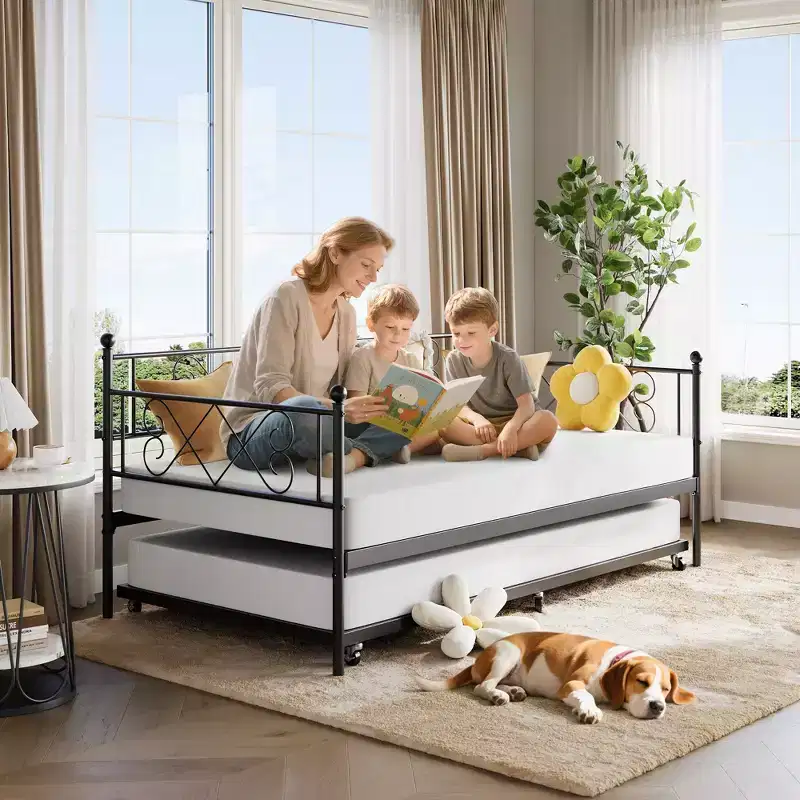 Daybed with Trundle,Metal Twin DayBed Frame with Headboard,Multifunctional Mattress Foundation Platform Sofa Bed for Bedroom,Living Room,Guest Room