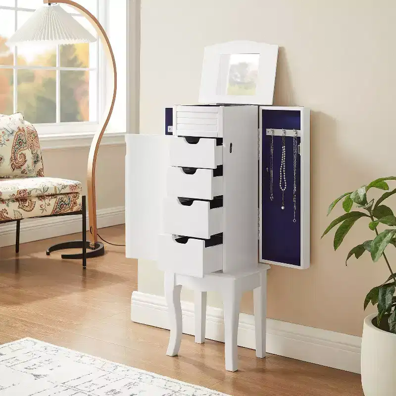 Muriel Solid Wood Modern 4 Lined Drawer 3 Compartment Flip Top Jewelry Armoire White Finish - Powell