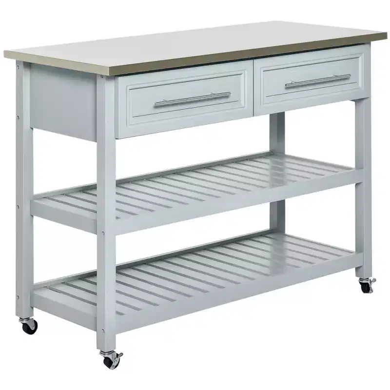 Kitchen Island with Stainless Steel Top, Traditional Kitchen Island with Storage, 2-Tier Open Shelves, Drawers