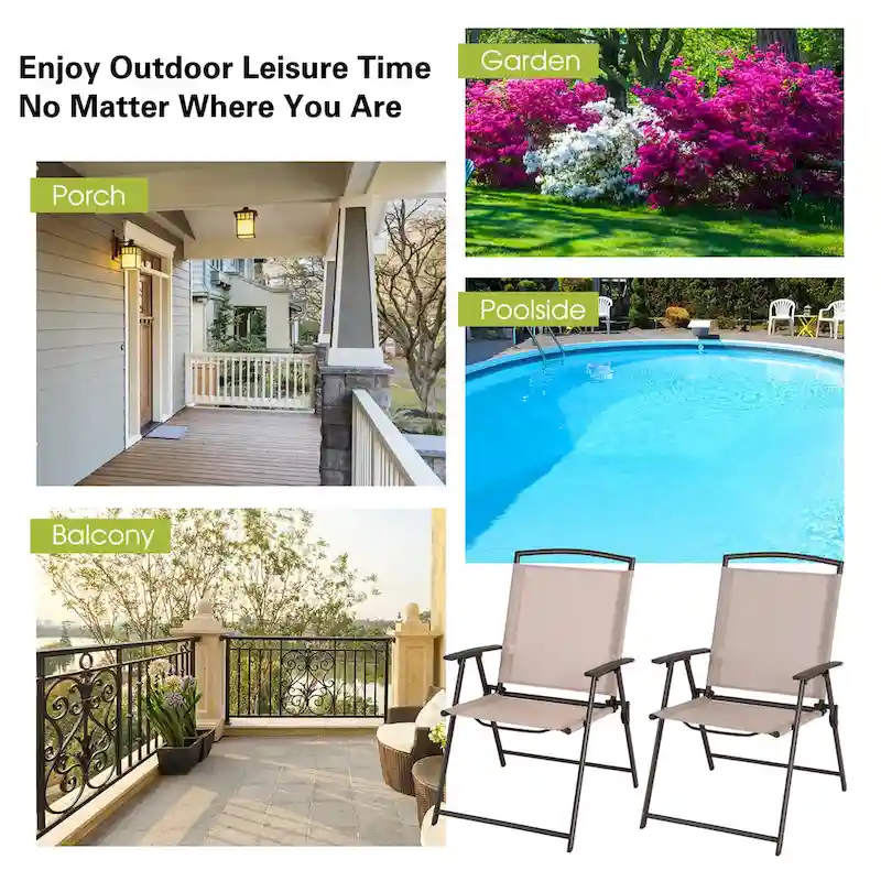 Costway 2 pcs Patio Folding Sling Dining Chairs Armrests Steel Frame - See Details