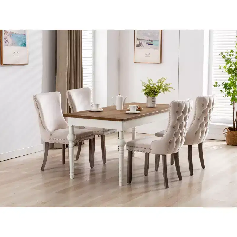 Okak Retro Dining Chairs Set of 2, Comfy Upholstered Wing-Back Chairs with Backstitching Nailhead Trim, Kitchen Chairs with Solid Wood Legs
