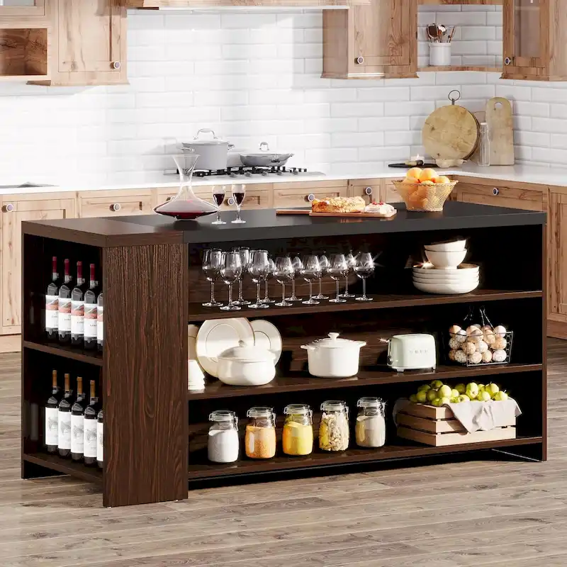 55 Wood Kitchen Island with Storage, 5-Tier Stationary Island Table with 5 Shelves
