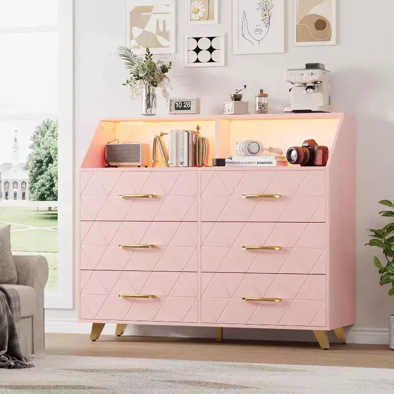 6 Drawer Dresser with Power Station, Geometric Front & Gold Legs, Modern Storage Cabinet for Bedroom, Living Room, Entryway