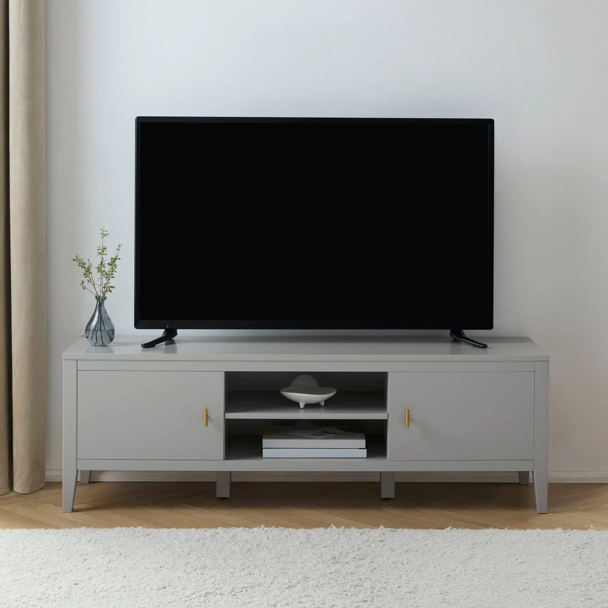 Modern Grey Painted TV Unit with Open Shelf Storage for Living Room