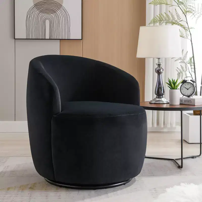 Velvet Fabric Swivel Accent Armchair Barrel Chair With Black Powder Coating Metal Ring Black