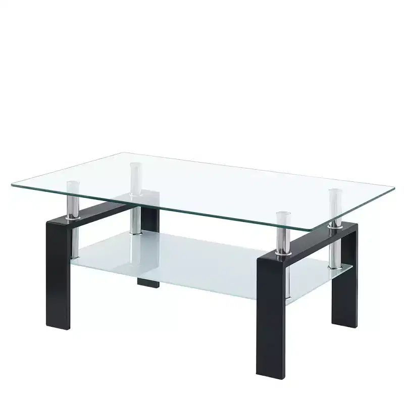 HomeRoots 39 Clear and Black Glass and Steel Coffee Table With Shelf