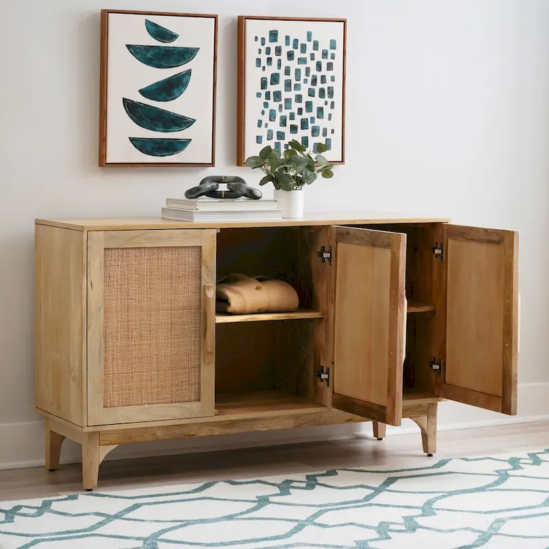 Natural Mango Wood Cane 3-Door Cabinet