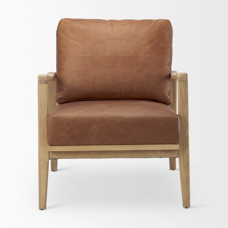 Raeleigh Cognac Brown Genuine Leather w/ Light Brown Solid Beechwood Frame Accent Chair - 27.9W x 34D x 34.4H