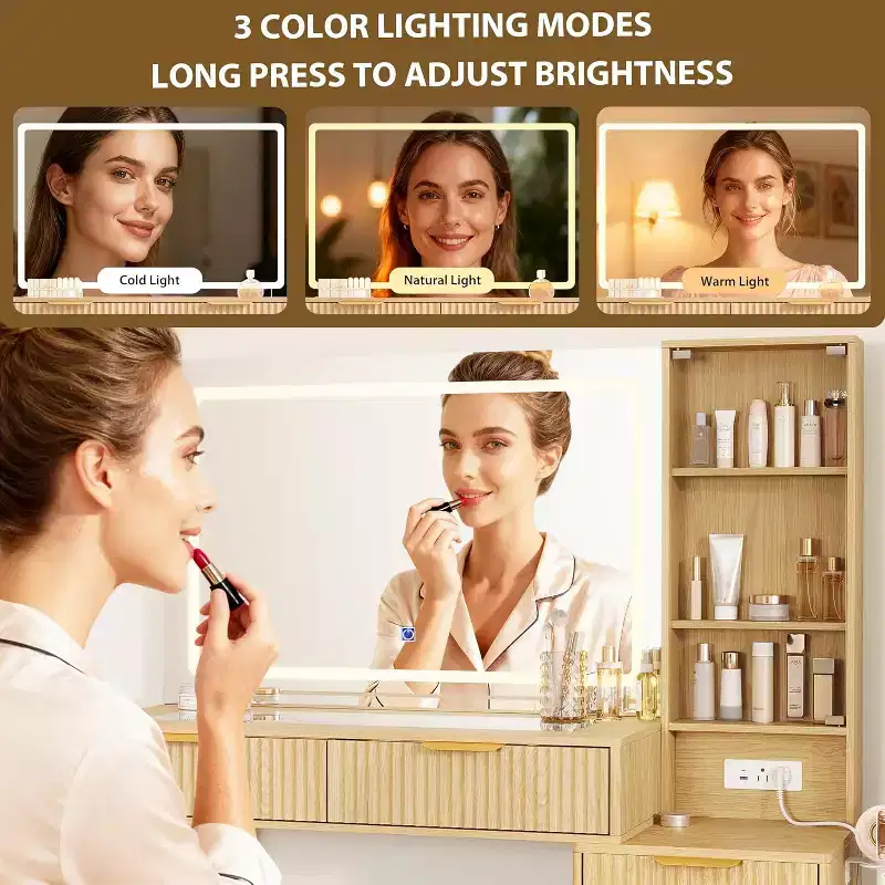 48 Fluted Makeup Vanity Set with 36 LED Mirror, 3 Lighting Modes & Built-in Outlets, Oak