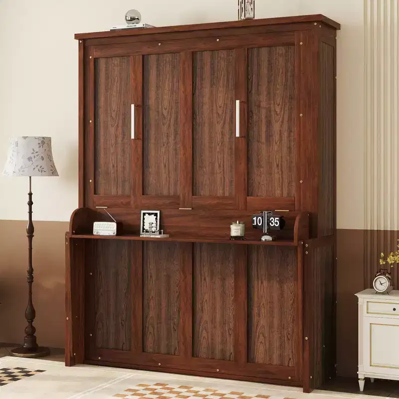 Queen Wood Murphy Bed Frame, Hidden Wall Bed Cabinet with Gas Struts(Upgraded) - Walnut