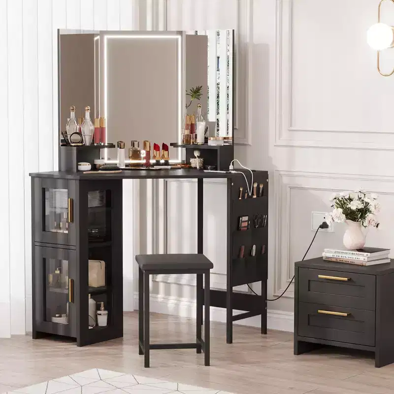 GustoWave Corner Vanity Desk and Stool, Corner Makeup Vanity Mirror and Cabinet for Bedroom,Makeup Studio