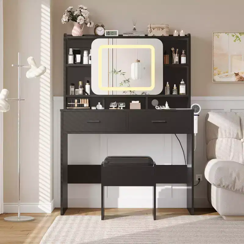 COZONY Vanity Sliding Desk with Mirror & Lights - Makeup Table with Stool, Charging Station, Drawers & Shelves for Bedroom