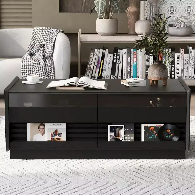 Black / Brown Modern Rectangle Coffee Table with Storage, 1-Person