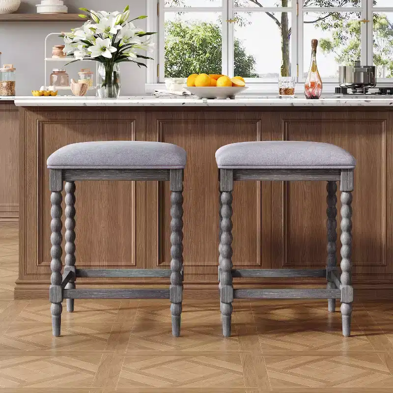 Rustic Acacia Wood Backless Counter Stools with Upholstered Seat