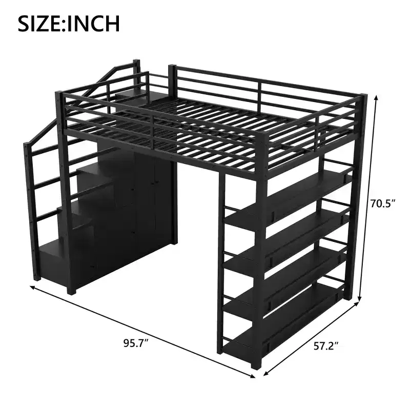 Bellemave Full Loft Bed with Storage Shelves and Cabinets ,Metal Loft Bed Frame with Storage Stairs and Wardrobe for Teens and Adults,Black