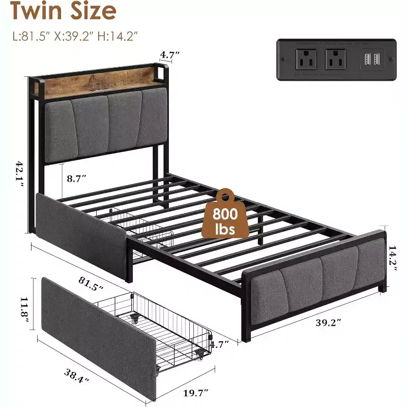 King Size Bed Frame, Storage Headboard with Charging Station, Solid and Stable, Noise Free, No Box Spring Needed, Easy Assembly