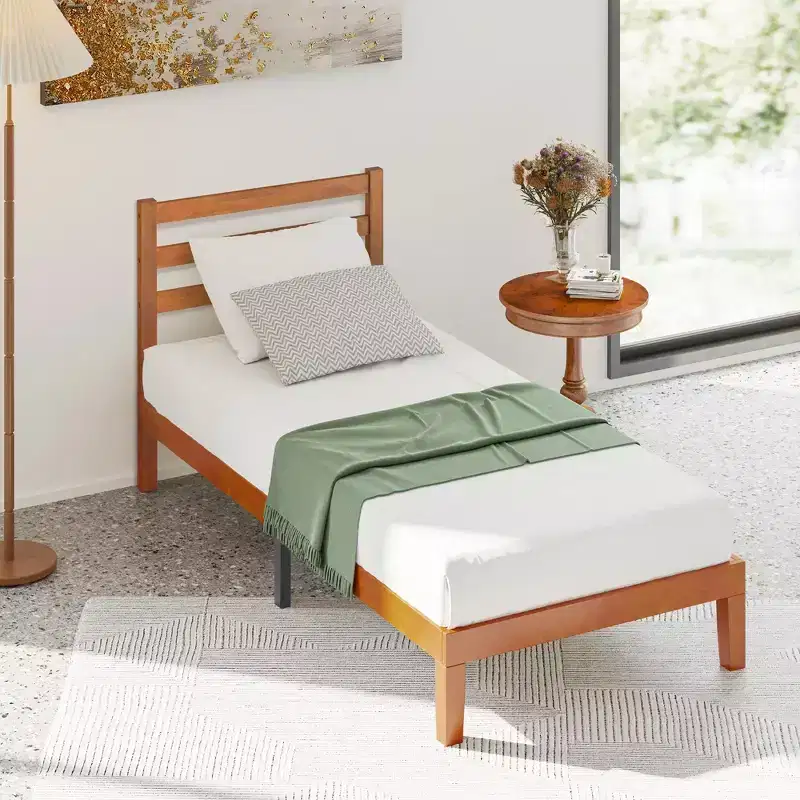 Okak Natural Solid Wood Platform Bed Frame with Wooden Strips Headboard,Primary Bedroom Bed,No Spring Box Needed