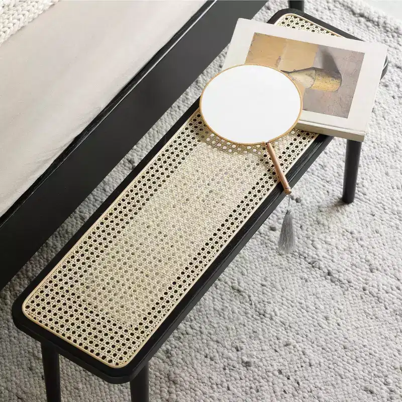 GDFStudio Rohit Farmhouse 47 Oak Wood Dining Bench with Rattan Detail
