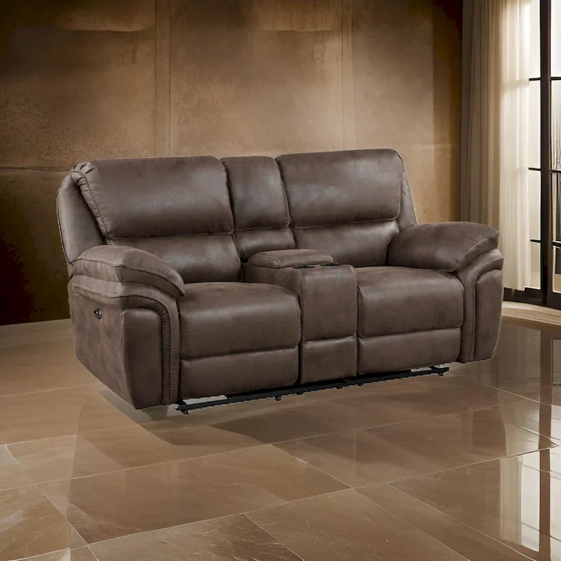 Brown Microfiber Power Double Recliner Loveseat with USB & Console for 2 Person