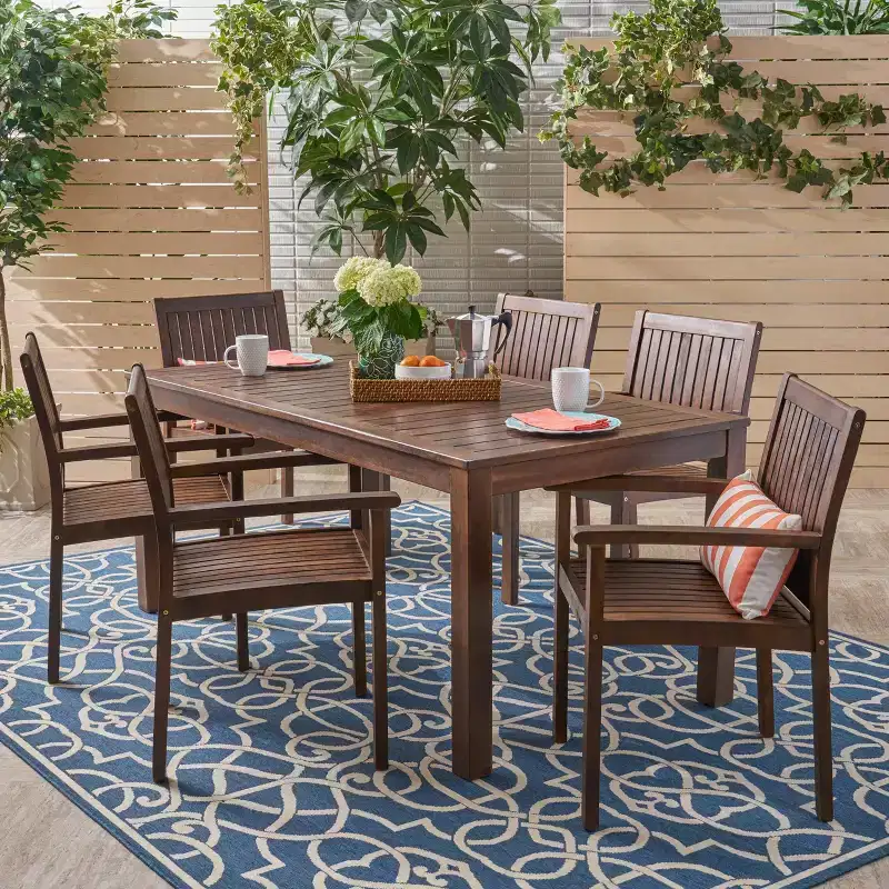 Fallon 7pc Acacia Wood Patio Dining Set: Weather-Resistant, 6 Arm Chairs - Christopher Knight Home