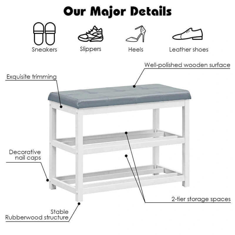 2-Tier Wooden Shoe Rack Bench with Padded Seat - 31x 16x 24(L x W x H)