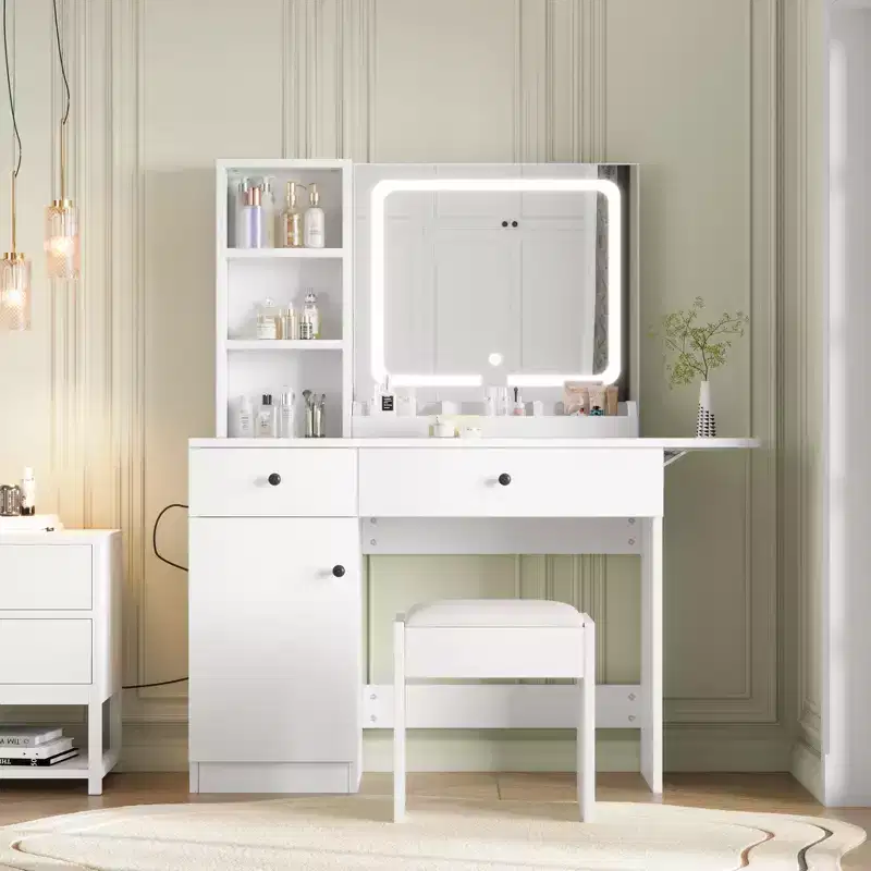 Vanity Desk with Mirror & Lights, Adjustable Makeup Vanity Desk with Faux Leather Stool, 2 Drawers & 3 Tiers Open Shelf, White