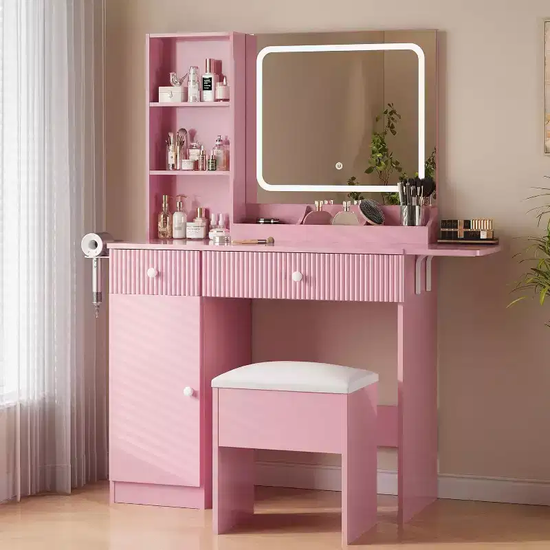 Vanity Desk with Mirror and Lights, Power Outlets Makeup Table with Drawers & Cabinet, Storage Stool, Dressing Table for Bedroom