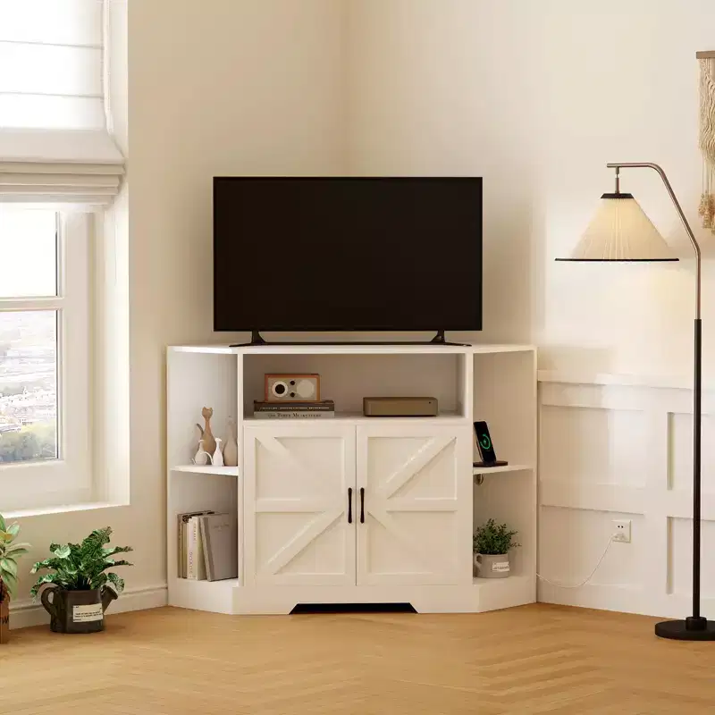 Corner TV Stand, 45.3 Mid Century Modern TV Stand with Power Outlet & Storage for Living Room, Bedroom, White