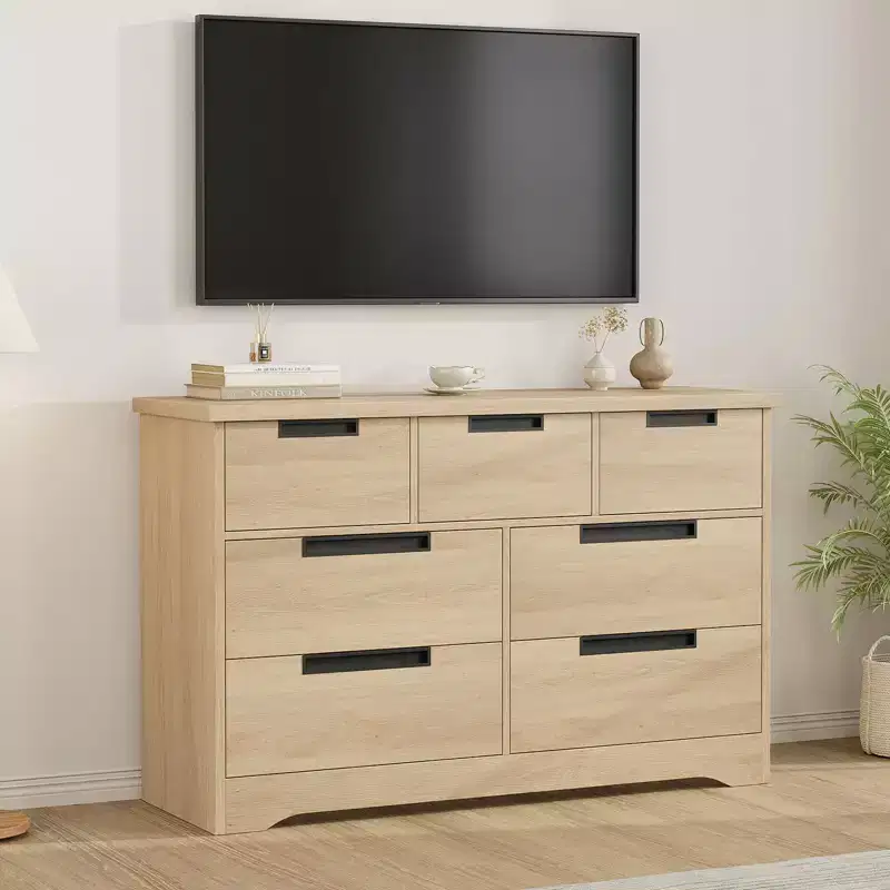 Minimalist 7-Drawer Bedroom Wardrobe, Natural Modern-Style Two-Door Storage Cabinet With Recessed Handles, Wood Construction