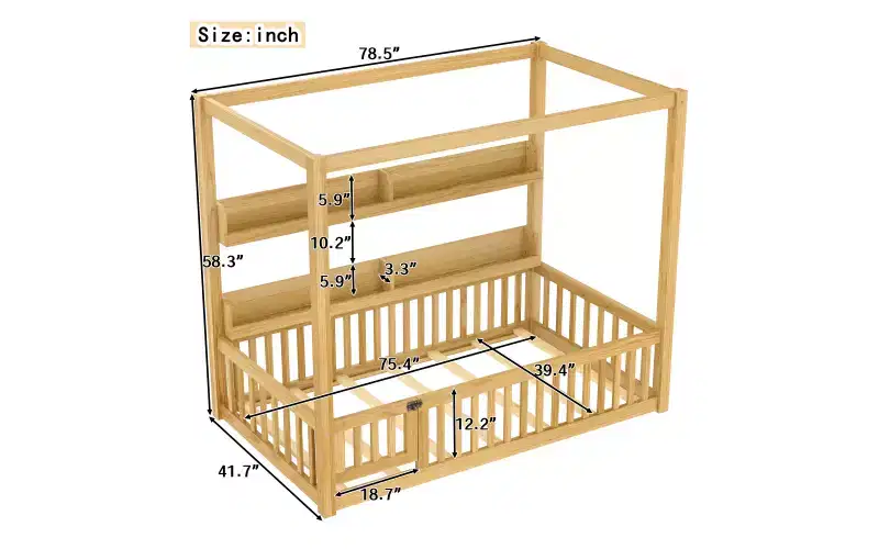 Bellemave Canopy Floor Bed with Guardrails and Shelves,Solid Wood Floor Bed Frame with Door and Montessori for Kids,No Spring Box Needed