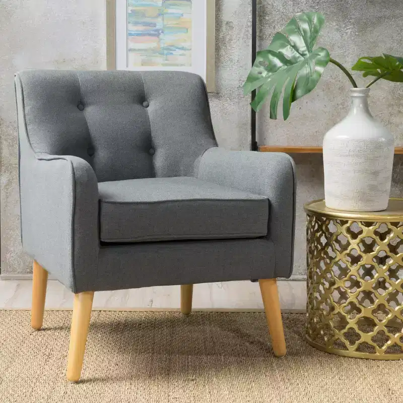Okak Modern Mid-Century Accent Chairs for Bedroom, Tufted Fabric Accent Chair with Solid Wood Legs for Living Room
