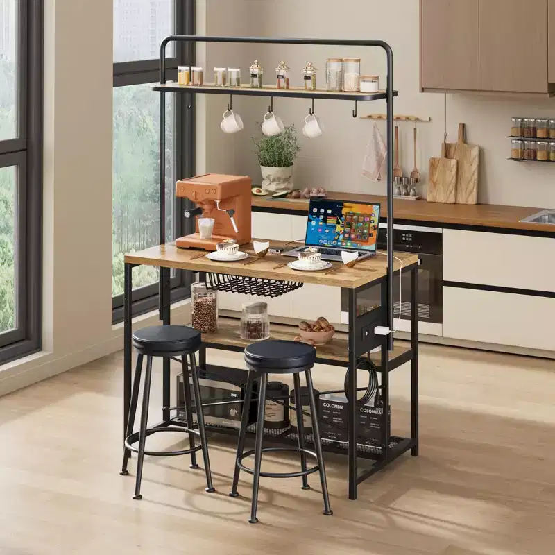 42in Industrial Kitchen Island with Power Outlet & 2 Bar Stools, 3-Piece Dining Set with Storage Shelves, Microwave Stand and 5 Hooks for Coffee Bar