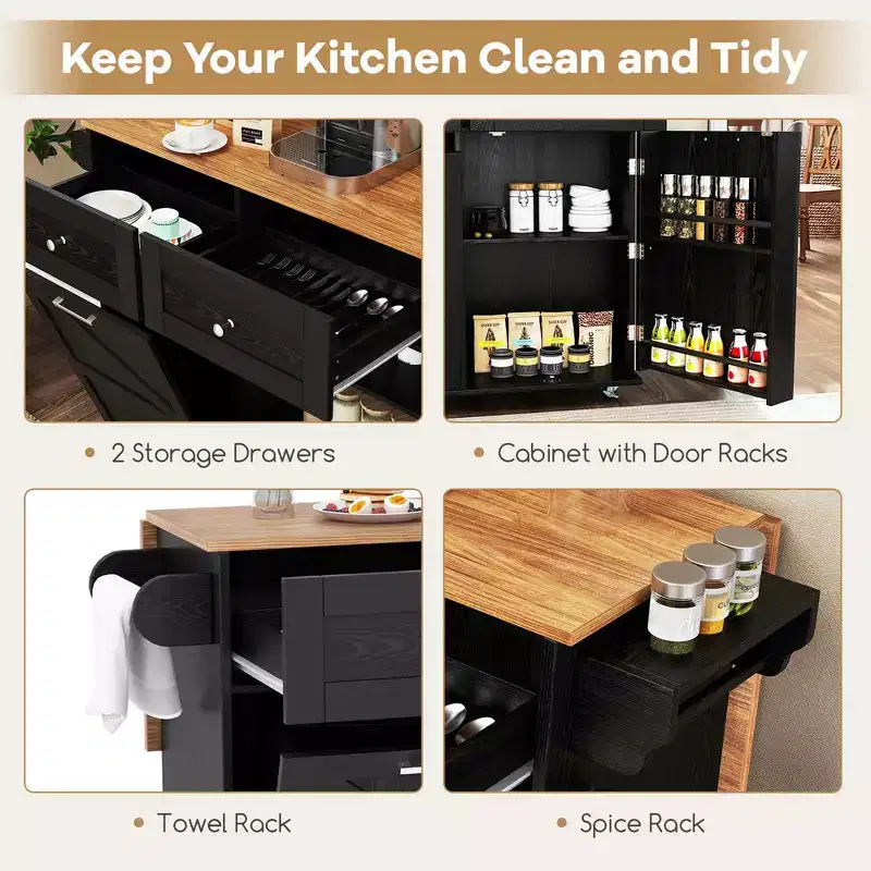 Costway Rolling Kitchen Island Kitchen Island Cart with Drop Leaf Trash Can Cabinet Black/White