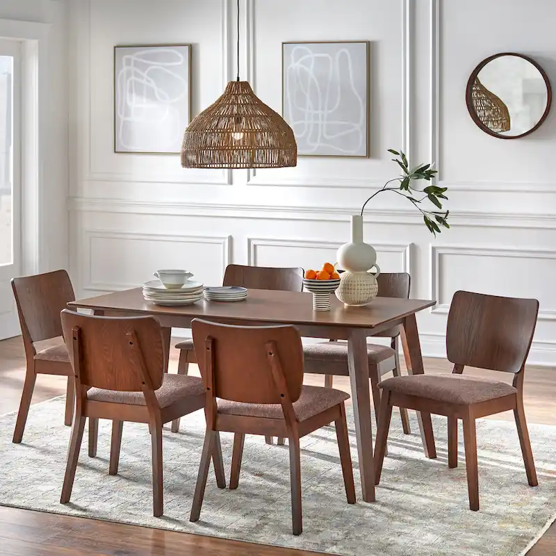 Walnut Brown Corduroy 7-Seat Mid-Century Dining Set (7-Piece)