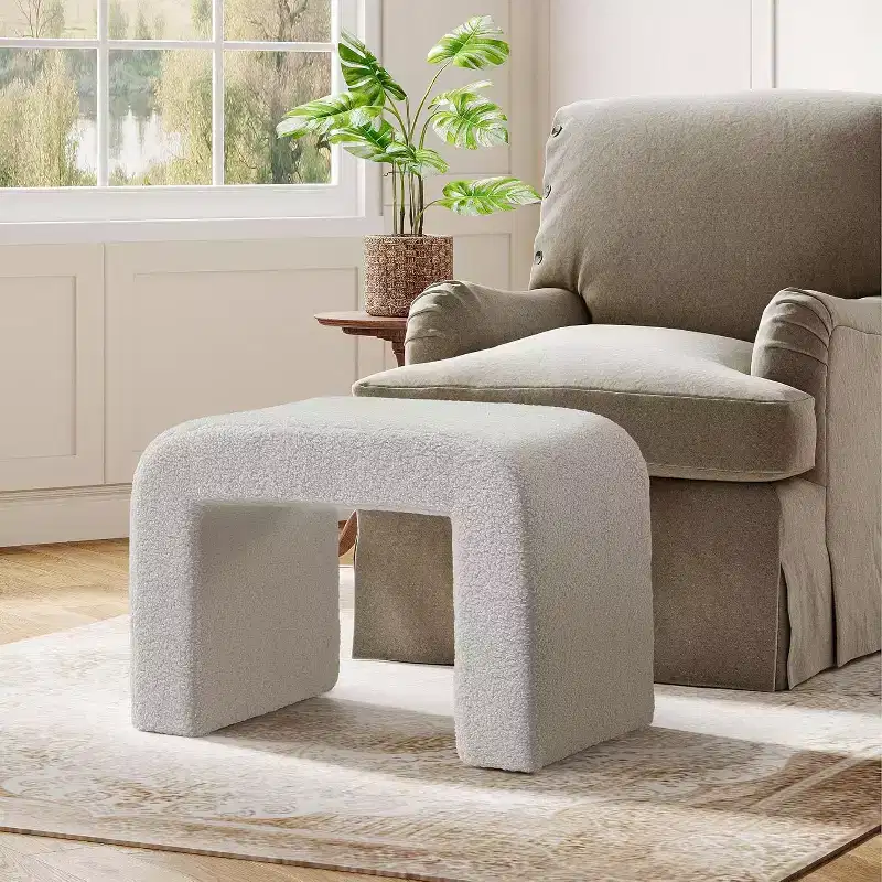 Modern Vanity Stool, Upholstered Ottoman, Arched Sofa Footrest for Living Room, Shoe Stool for Entryway, Fully Assembled