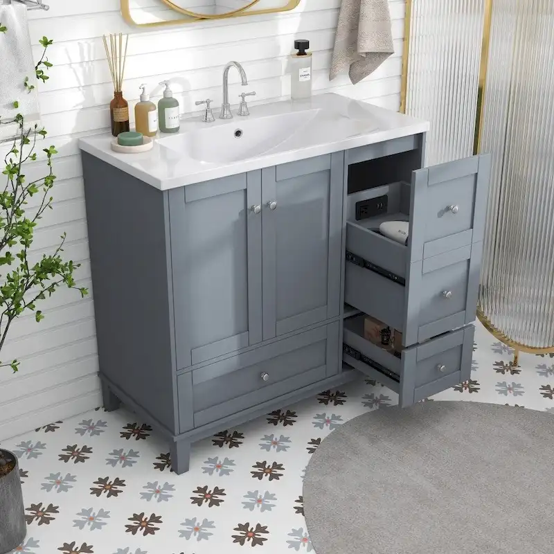 36 Inch Modern Bathroom Vanity with USB Charging and Single Resin top