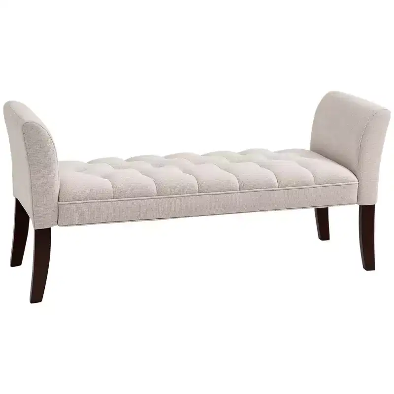 Upholstered Bedroom Bench with Button Tufted Design, End of Bed Bench with Arms and Solid Wood Legs