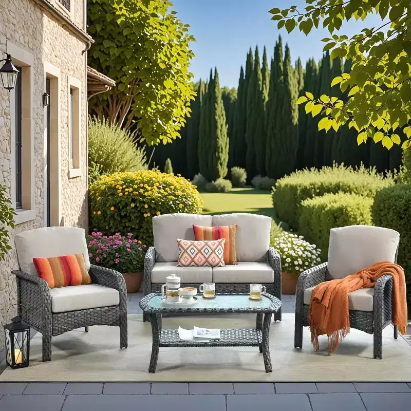 HOMLUX 4 PCS Patio Conversation Set Outdoor Wicker Rattan Chairs & Sofa Set, All Weather, High Back