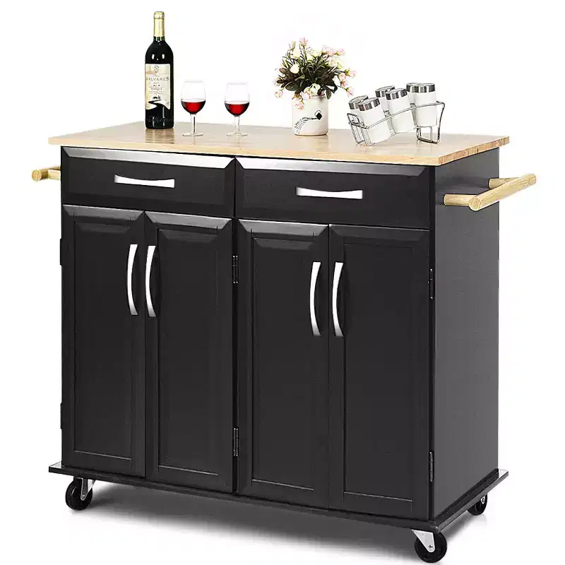 Rolling Kitchen Trolley Island Cart with Wood Top, Storage Cabinet and Drawers, Black
