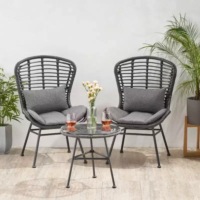 GDFStudio Cowan Outdoor Wicker and Glass 3 Piece Chat Set with Cushions, Gray, Dark Gray, and Black