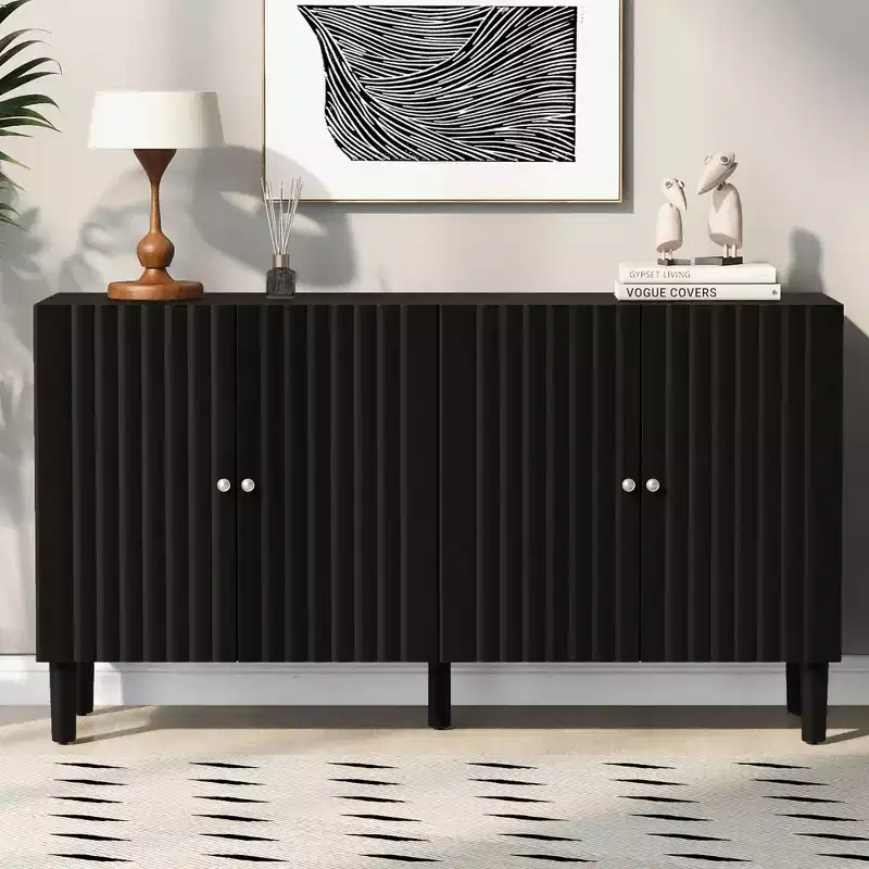 Sideboard Cabinet,Console Cabinet with Wavy Pattern Doors,Cylindrical Legs,Metal Handles,Adjustable Storage Cabinet for Study,Living Room,Black