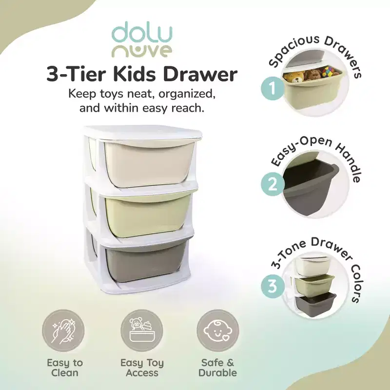 Kids 3-Tier Plastic Storage Unit with Drawers, Toy Organizer