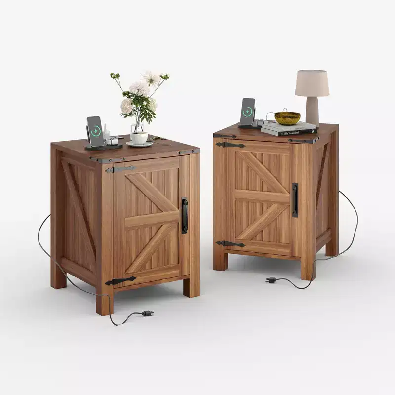 Set of 2 Farmhouse Nightstands with Charging Station, 18 Wooden Bedside Tables with Sliding Barn Door,Modern 2-Tier End Tables for Bedroom